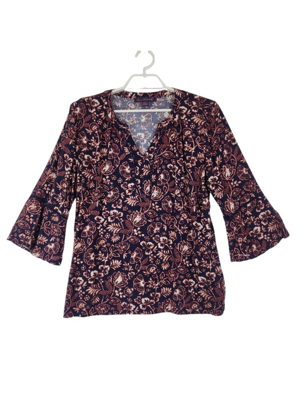 Gloria Vanderbilt Womens Top XL 3/4 Sleeve Navy Coral Floral Print Blouse Tunic
